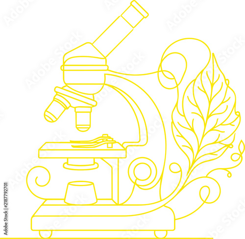 Yellow line featuring a laboratory microscope combined with a large botanical leaf on a clean white background, for science