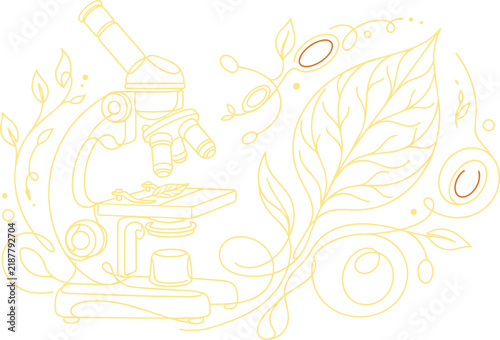 Yellow line of a laboratory microscope surrounded by botanical leaves and circular cell structures on a white background