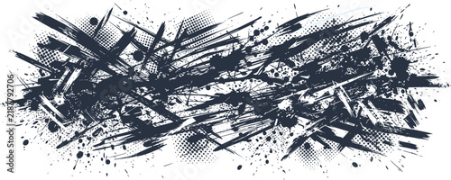Abstract grunge background, with dark black, ink brush strokes, chaotic paint splatters, and halftone dot, patterns on a, white background