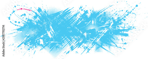 Abstract light blue grunge paint splatter with halftone dot pattern on a white background, for energetic and, dynamic projects