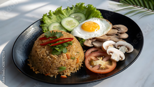 Top-Down View of Appetizing Fried Rice with Egg and Vegetable Garnish