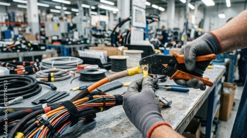 Gloved hands connecting a high voltage harness with insulated crimping tool beside bundled cable looms in an industrial workspace.