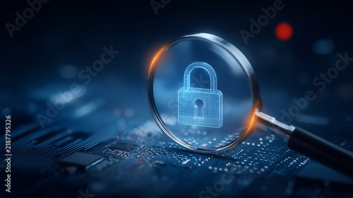 A magnifying glass focused on a digital padlock represents cybersecurity inspection and risk assessment for protected systems.
