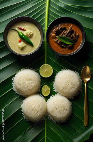 Traditional South Indian Banana Leaf Meal with String Hoppers and Three Curries