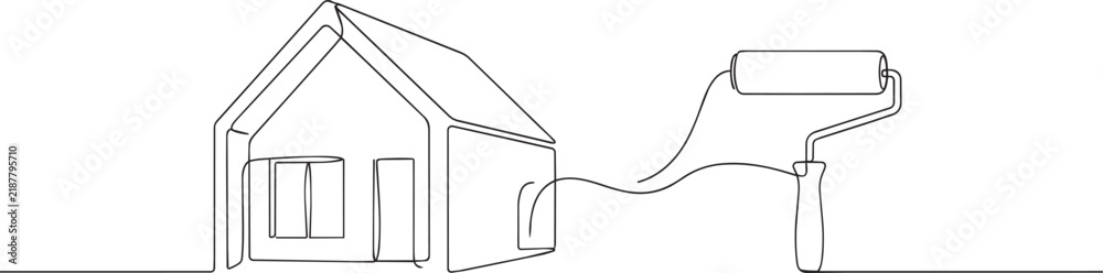 Obraz premium Single line of a house icon and a paint roller tool representing home painting and renovation services on a white background