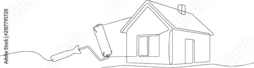 Single line of a house with a chimney and a paint roller tool for home renovation and interior concepts on white