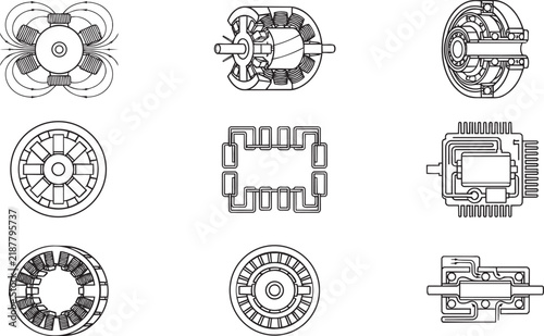 Technical diagrams of electric motor components and magnetic field schematics for engineering and industrial applications