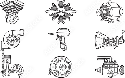 Technical of vehicle engines and mechanical parts including v-twin, radial engine, electric motor, turbocharger, and transmission