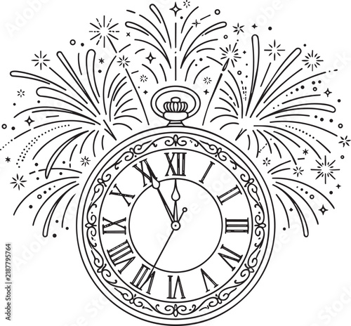 Vintage pocket watch showing five minutes to midnight with fireworks bursting in the background, continuous line style