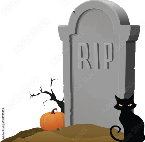 Spooky tombstone and black cat