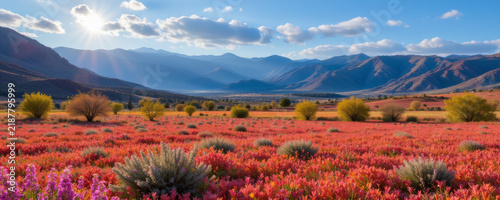 Vibrant spring landscape with colorful wildflowers, green bushes, and distant mountains under bright blue sky with clouds
