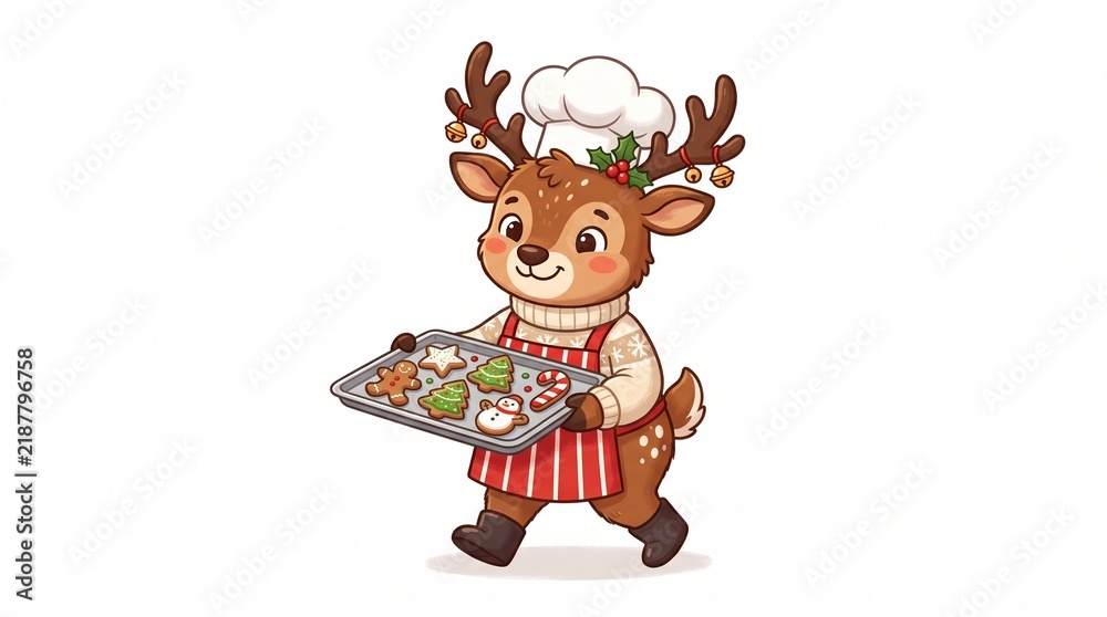Fototapeta premium Cute reindeer chef holding a tray of Christmas cookies