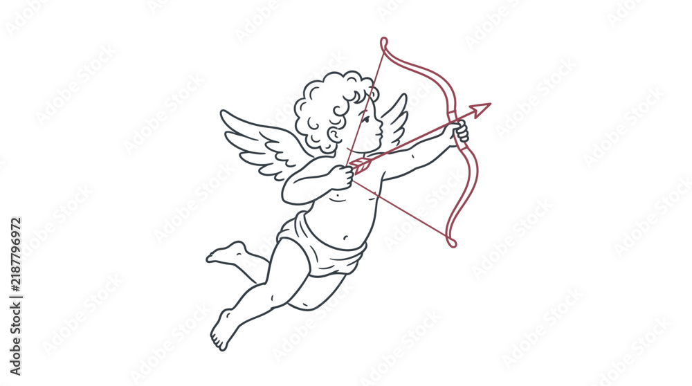 Obraz premium Cupid angel line art illustration aiming bow and arrow, perfect for Valentine's Day greeting cards, romantic wedding invitations and digital marketing campaigns