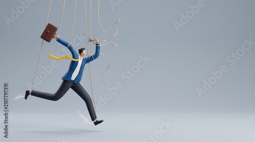 Miniature businessman cutting puppet strings with scissors to break free