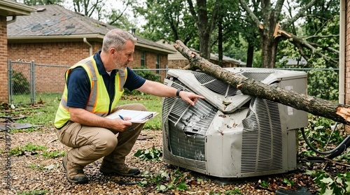 Insurance adjuster inspecting a damaged HVAC condenser after a storm – property insurance claim inspection