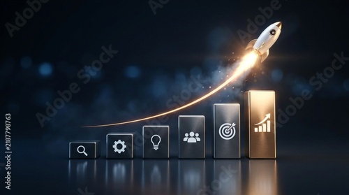 Business Startup and Growth Concept with Launching Rocket and Progress Bar Chart