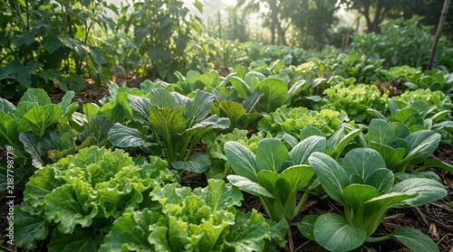 Fresh organic leafy green vegetables growing in a backyard garden bed under morning sunlight