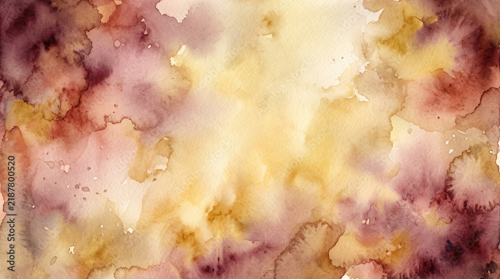 Fototapeta premium Abstract watercolor background with soft washes of warm golden yellow and deep burgundy red paint, artistic textured paper wash backdrop