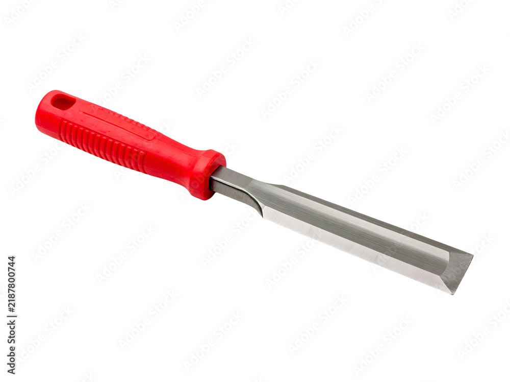 Fototapeta premium Red-handled chisel with metallic cutting blade.