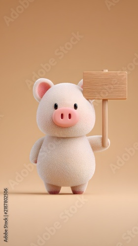 Cute Plush Pig Holding Blank Wooden Sign on Beige