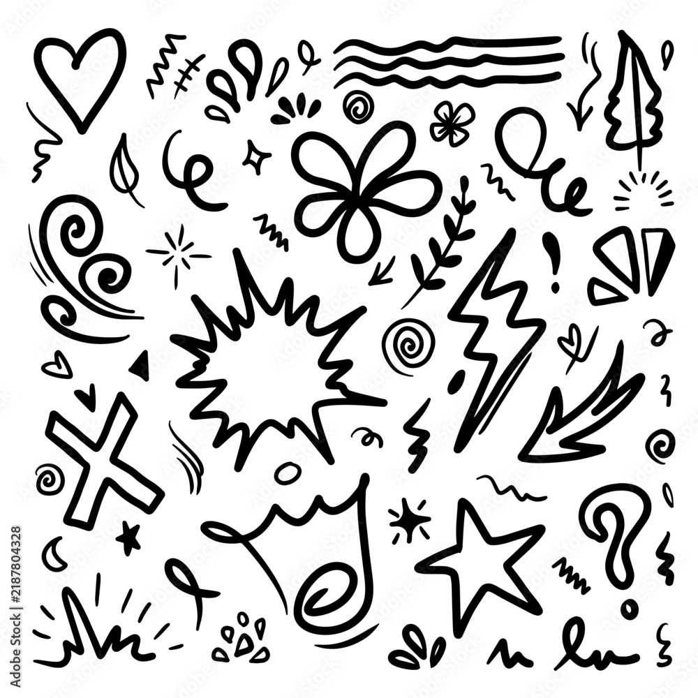 Fototapeta premium Hand drawn doodle design elements, black on white background. Star, heart, Star, firework, emphasis, Arrow, crown, flower. doodle sketch design elements