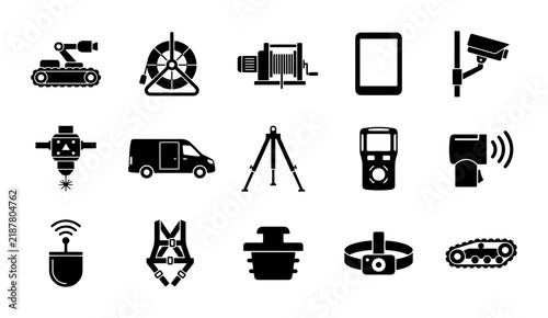 Industrial sewer inspection icons, 15 black vector symbols for pipe maintenance, robotic drainage survey equipment set
