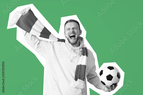 Bild auf Leinwand Sports fandom and victory, excited soccer fan cheering with scarf and ball for m