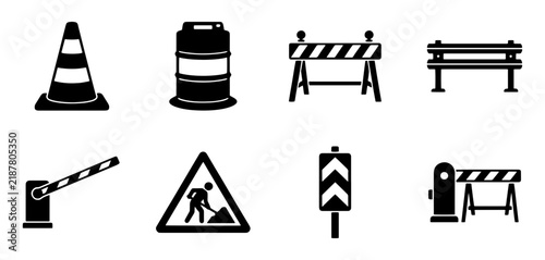 Road construction icons set, black traffic safety barriers and warning signs, industrial street work equipment vector collection