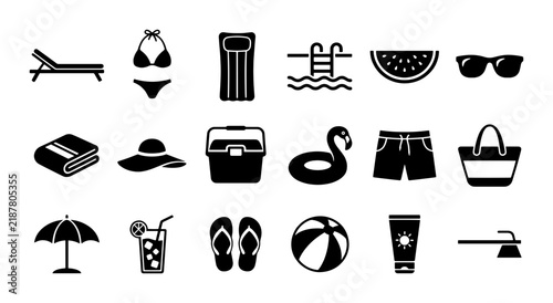 Summer beach icons set, 18 black vector vacation symbols, tropical holiday travel graphics, pool and sun accessories collection