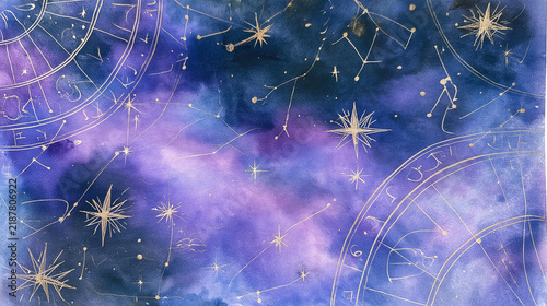 Naklejka 水彩, 星空, 背景, 夜空, 星, 宇宙, 紫, ネイビー, ディープパープル, ブルー, 水彩背景, 幻想的, 神秘的, ファンタジー, 手描き, イラスト, 金色, ゴールド, きらめき, 星柄, 星雲風, 銀河風, 天の川風, 抽象, 抽象背景, テクスチャ, 紙の質感, にじみ, グラデーション, 光, 夜, 静寂, 夢, 夢のよう, スピリチュアル, 占星術, 天体, 星空背景, 背景