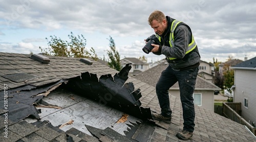 Insurance adjuster photographing a torn roof cricket flashing – property damage insurance claim inspection