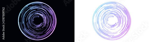 Glowing circular light trails forming futuristic neon digital rings with vibrant blue and purple gradients artistic design on transparent background