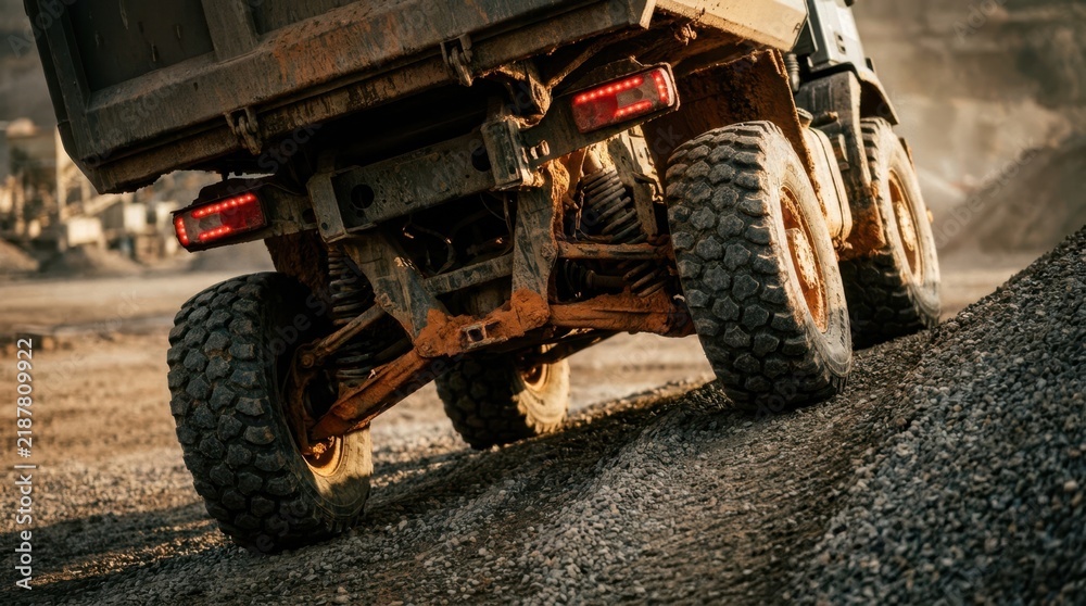Fototapeta premium Autonomous truck climbing a gravel ramp with mud-caked suspension, heavy tread, and rear lights on rugged terrain.