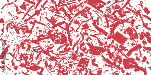 Edgy abstract red and white grunge texture. Scattered torn shred scatter for banner and greeting card.