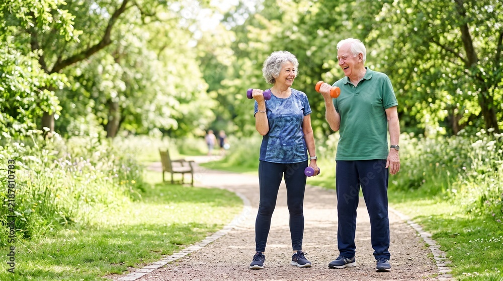 Fototapeta premium Happy senior couple exercising with dumbbells in a park on a sunny day