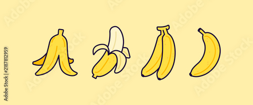 Collection of four cartoon bananas in different states and arrangements. includes peeled half-peeled bunch and single banana on yellow background. vector illustration