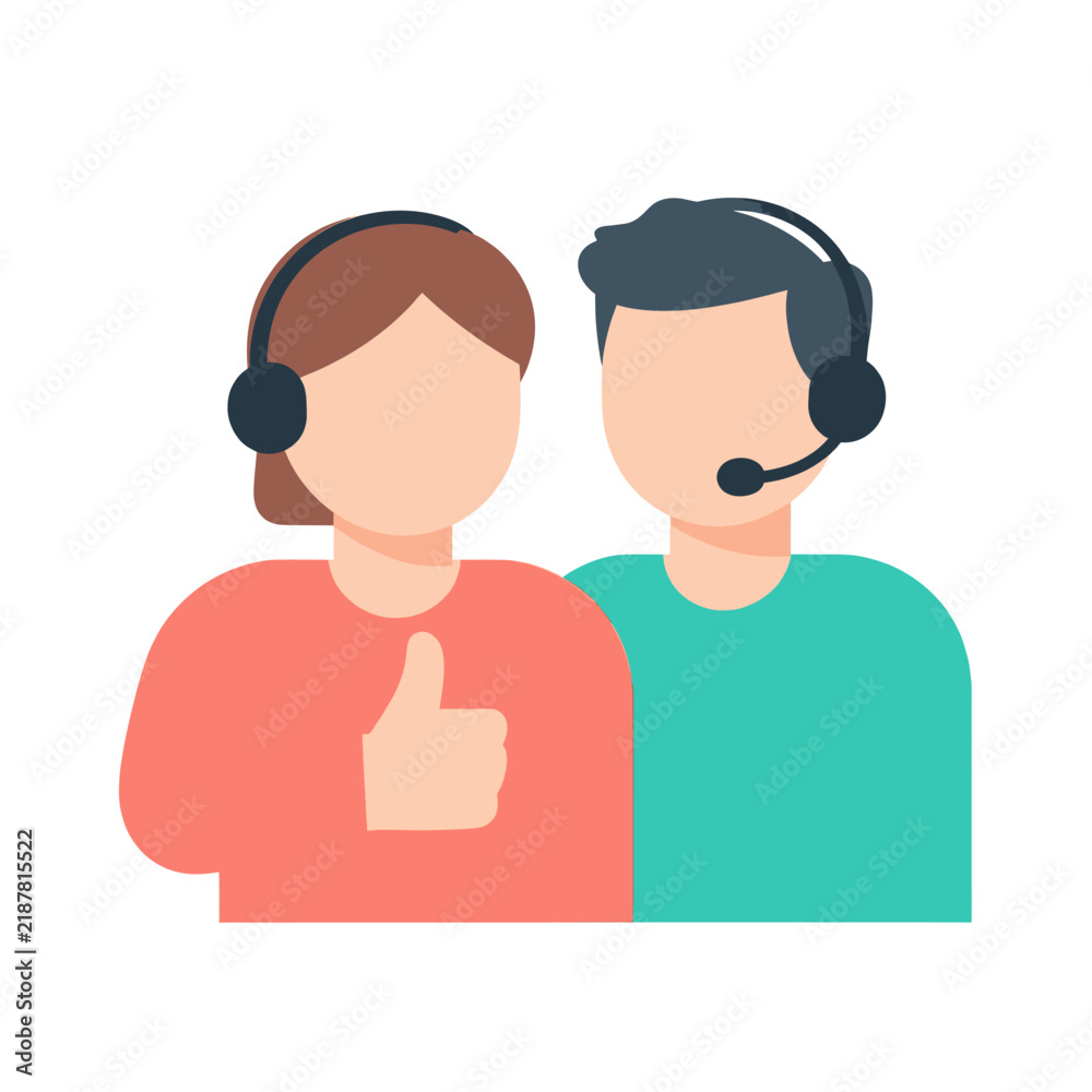 Obraz premium Customer Service Representative Avatars with Headsets Showing Positive Success and Approval with Thumbs Up Gesture in Minimalist Flat Vector Illustration Style for Business Support Concept