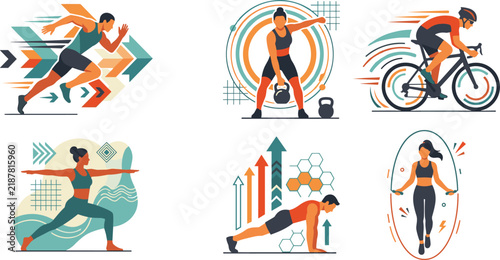 Fitness Workout Athletes Running Cycling Yoga and Cross Training Flat Vector Illustration Set