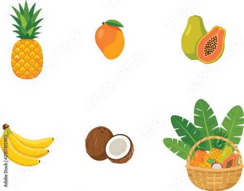 Fresh Tropical Fruits Basket Pineapple Papaya Banana Mango and Coconut Flat Icons Set