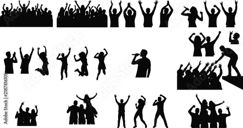 Cheering Concert Crowd Music Fans and Singer Performance Silhouette Icons Set