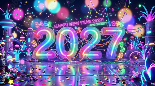 Rainbow neon number twenty twenty seven perfect for new years party invitations, event flyers, calendars, and festive decorations.