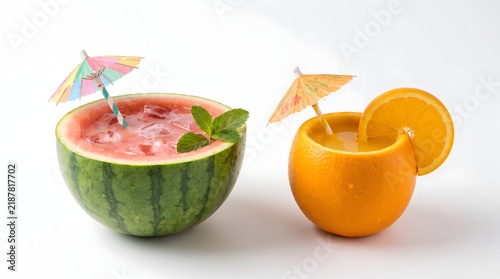 Refreshing watermelon and orange fruit cocktails with tiny decorative umbrellas fruit cocktail watermelon drink refreshing beverage