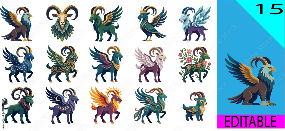 Obraz premium Collection of 15 fantasy winged goat illustrations with griffin eagle floral celestial and ornamental ram designs vector editable