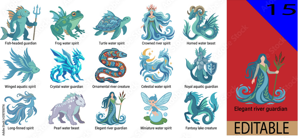 Obraz premium Collection of 15 fantasy water spirits and mythical aquatic guardians with elegant river guardians and enchanted lake creatures vector illustration
