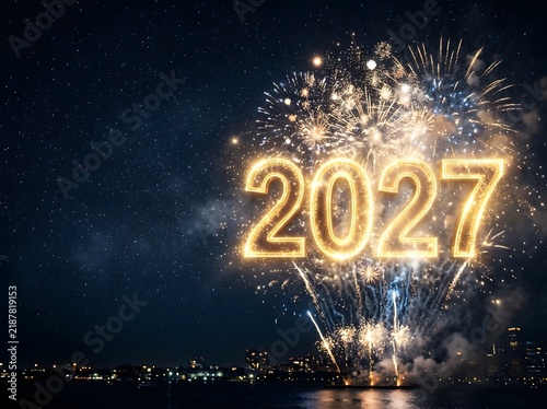 Glowing golden 2027 Happy New Year text with spectacular fireworks display on night sky