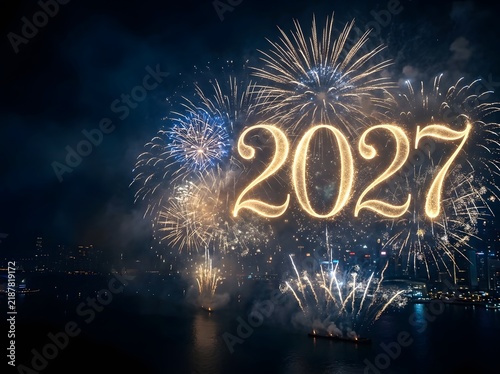 Spectacular 2027 New Year fireworks celebration illuminating the dark sky over the water