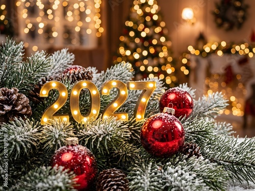 Festive glowing 2027 New Year greeting on a beautiful snowy Christmas tree background