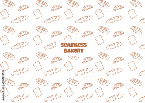 Seamless bakery. Bread illustration pattern with brown outline and white background, food packaging. Menu illustration hand drawn print ads, food business, bakeshop