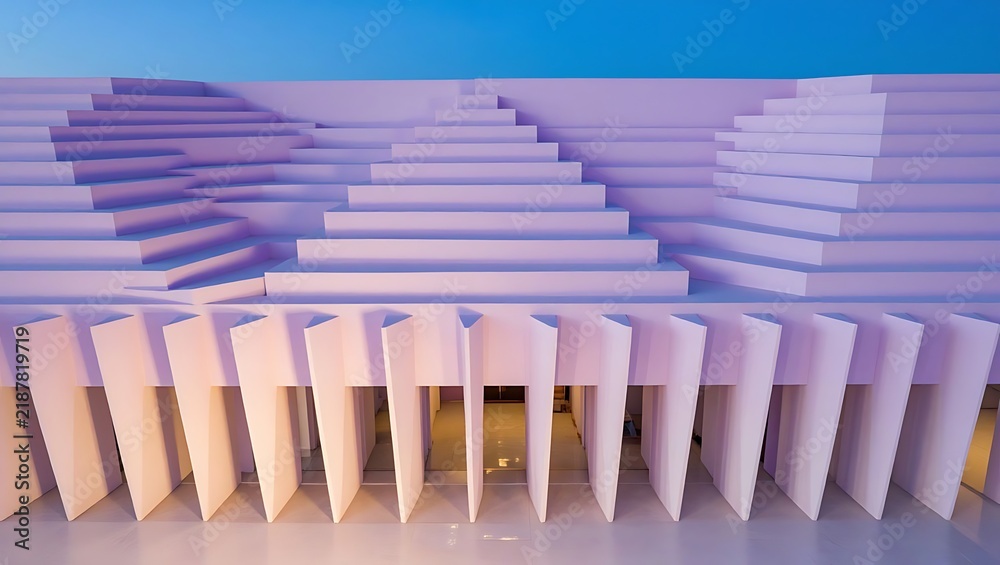 Obraz premium A captivating abstract architectural facade featuring a series of geometric steps and vertical fluted columns under a serene blue sky.