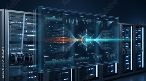 Transparent glowing digital interface screen displaying analytics graphs, world maps, and a central glowing hexagon node, positioned in front of server racks in a dark data center room.